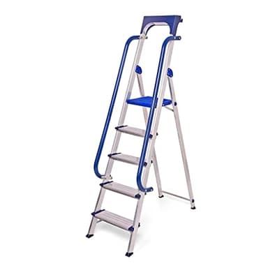 Escabeau 5 marches Secure pro, aluminium renforcé, sécurisé avec rampes, tablette porte-outils, hauteur plateforme 112cm, charge 150kg Hostrom