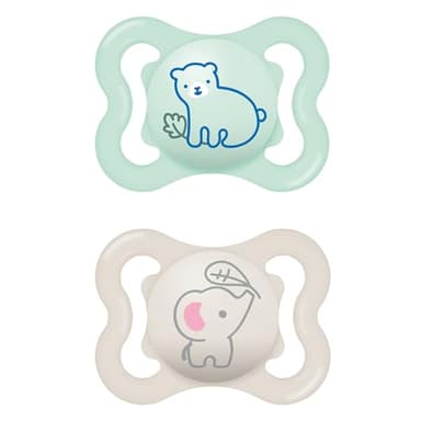 MAM Tétine en silicone Air pour bébé de 0 à 6 mois, motif bouclier, en silicone spécial MAM SkinSoft, respectueuses des dents, avec boîte à tétine, pour bébé de 0 à 6 mois, motif ours, éléphant
