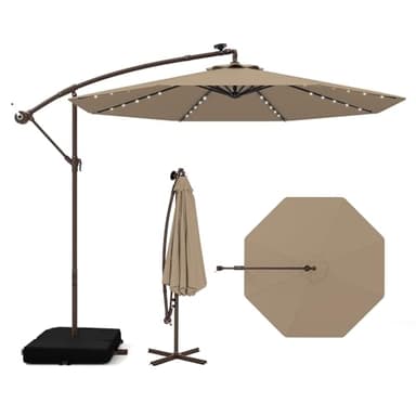 COSTWAY Parasol Déporté 3 x 3M, Grand Parasol de Jardin Extérieur Lumineux Solaire avec 2 Sacs de Sable, Base Croisée, Parasol Inclinable avec Manivelle, pour Balcon, Jardin, Terrasse Plage(Brun)