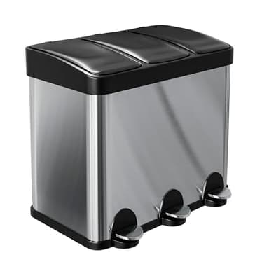 Amig - Poubelle Triple avec Pédales 45 litres | 3 Compartiments Amovibles de 15 litres | Poubelle de Recyclage pour la Cuisine | Acier inoxydable | 60 x 37 x 49 cm | Argent