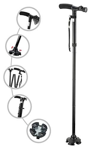Canne de Marche Pliante avec Lumière LED, Bâton de Marche Pliable et Portable pour Personnes Âgées avec Poignée Latérale Pliable, avec Coussin en T et Base pivotante …