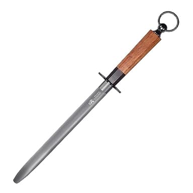 MITSUMOTO SAKARI 40 cm, fusil à aiguiser plat en diamant noir à haute teneur en carbone, aiguiseur professionnel pour couteaux (manche en bois acide avec coffret raffiné)
