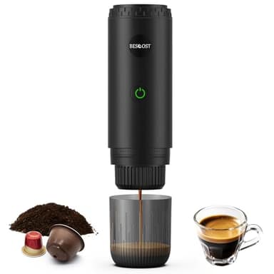 BESCOST Machine à Cafe Portable, Cafetière Portable 3 en 1 Compatible avec les Capsules Espresso et Poudre de Café, Rechargeable Pour Voyage, Camping, Voiture, Maison (Noir)