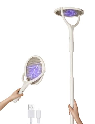 Tête Rotative Raquette Electrique Insectes Rechargeable Raquette Moustique Electrique Raquette Anti Moustique Electrique Tapetteà Mouche Electrique Tue Attrape Mouche, d'une Rallonge Télescopique