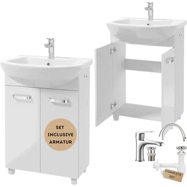 .Deftrans Meuble de salle de bain avec lavabo et robinetterie - 85 x 60 x 40 cm - Blanc brillant - Meuble de salle de bain avec lavabo et robinet avec prise à clic