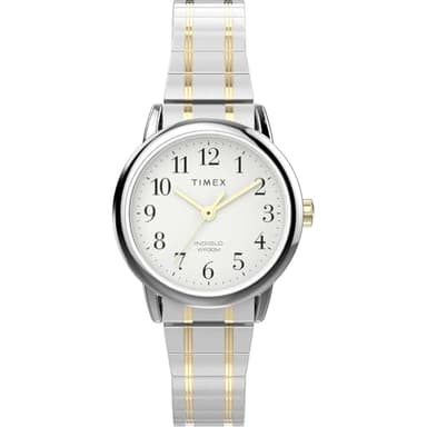 Timex Montre pour femme Easy Rider 25 mm - Bracelet extensible en acier inoxydable bicolore, cadran blanc, boîtier argenté TW2W52500