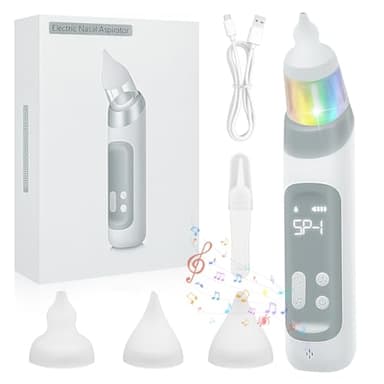 Aspirateur nasal pour bébé - Aspirateur nasal pour bébé et petit avec 3 embouts en silicone, 5 niveaux d'aspiration réglables, fonction musique et lumières LED
