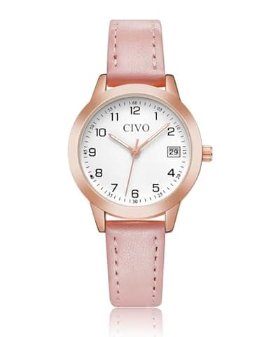 CIVO Montre Femme Cuir Rose: Petit Montre-Bracelet Quartz Analogique Etanche avec Aiguilles Lumineux - Élégante Cadeau pour Femmes et Filles