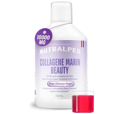 Nutralpes® Collagène Marin Liquide Beauty 10 000mg | Peau, Cheveux, Ongles | Vitamine C, Biotine, Acide Hyaluronique | Peptides Type I & III | Haute Absorption | 500ml | Saveur Baies