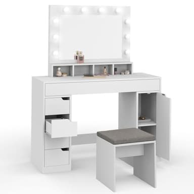 IDMarket - Coiffeuse Zelia Blanche Miroir LED avec 4 niches, 5 tiroirs, 1 Caisson de Rangement et Tabouret rembourré
