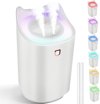 Kihhvlo Humidificateur pour chambre à coucher, 3L humidificateur avec 7 couleurs LED et 2 orifices de pulvérisation, jusqu'à 24-48 heures de fonctionnement continu pour la maison, le yoga, le bureau