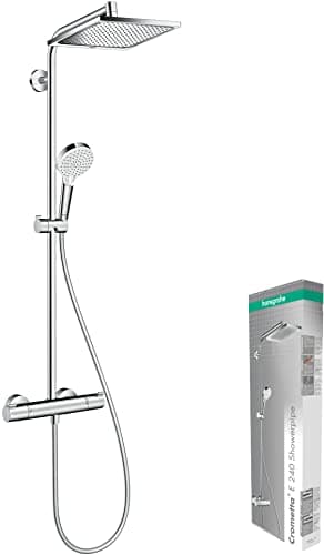hansgrohe Crometta E - Colonne de douche économie d'eau (EcoSmart) avec mitigeur thermostatique, douche pluie (240 x 240mm), douchette, support, flexible, barre et douche de tête, Chromé, 27281000