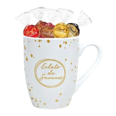 LINDT | Mug garni de 15 chocolats LINDOR : Assortiment gourmand 5 variétés (Blanc, Lait, Noisette, Double Chocolat, Noir 70%) | Coffret cadeau chocolat