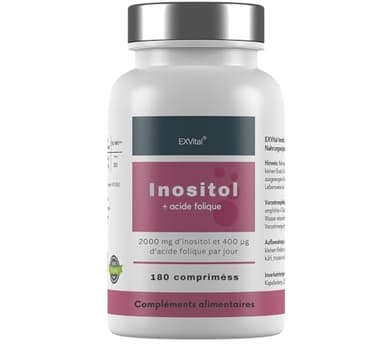 Inositol, idéalement combiné avec de l'acide folique, 180 comprimés, myo-inositol pur, hautement dosé : 2000 mg d'inositol & 400 μg d'acide folique par jour, vitamines B8, végétalien & sans additif