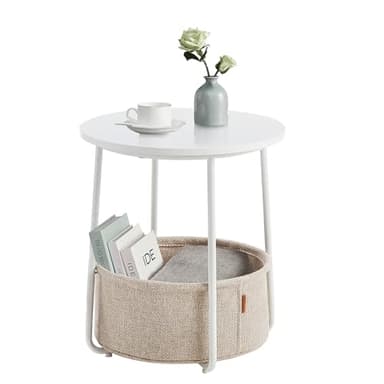 VASAGLE Petite Table Basse Ronde, Table d’Appoint avec Panier en Tissu, Rangement, pour Salon, Chambre, Style Moderne, Blanc Mat et Marron Camel LET223W10