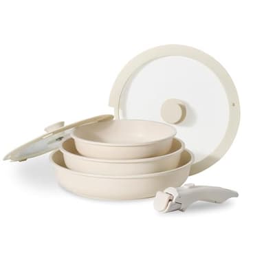 JEETEE Set de Poêles à Frire 6 Pcs, Poêle à Frire Antiadhésive Avec Poignée Amovible et Lid, Poêle 20/24/28 cm Facile À Nettoyer Et Compatible Toutes Les Cuisines, PFOA/PFOS Free, Beige