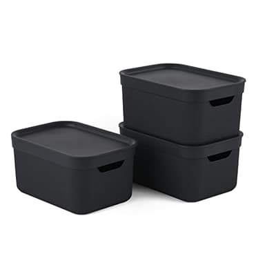 Jive Dekobox - Lot de 3 boîtes de rangement décoratives de 5 l avec couvercle, plastique (PP recyclé), noires, 3x5 l (26,5 x 18,5 x 20 cm), Gris Foncé