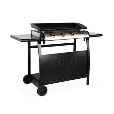 Alice's Garden - Plancha au gaz 4 brûleurs sur Chariot - Porthos - 10kW. plancha à gaz avec desserte Cuisine extérieure. Plaque émaillée. INOX. Barbecue