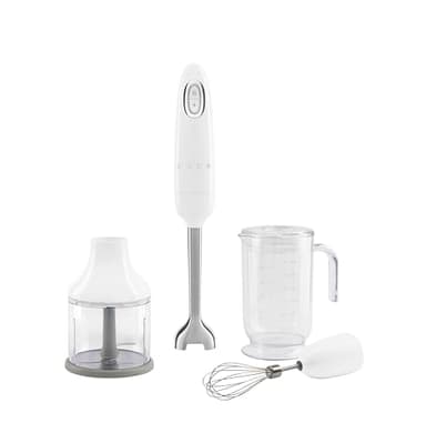 Smeg, Mixeur Plongeant HBF03WHEU, Fonction Turbo et Système de Coupe Flowblend, avec Poignée Antidérapante, Range Cordon Intégré, Accessoires Inclus, Puissance 700W, Blanc