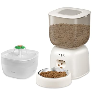 Puppy Kitty Distributeur Croquettes Chat Automatique et Fontaine à Eau Chat Combo, Autonomie de la Batterie jusqu'à 180 Jours, Enregistrement Vocal 10S, 3L Distributeur Croquettes et 2L Fontaine