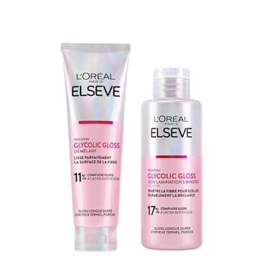 L'Oréal Paris Elvive Glycolic Gloss Cheveux 150ml Après-shampoing à l'Acide Glycolique + Traitement Laminant en 5 Minutes pour Les Cheveux Ternes et Poreux 200ml - 2 Flacons