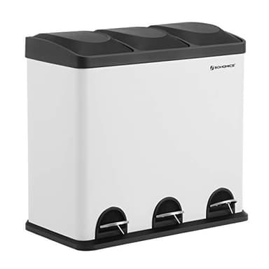 SONGMICS Poubelle de recyclage 54L, Poubelle de tri, avec pétales, en acier, 3 compartiments, seaux intérieurs amovibles, 6 étiquettes de tri, pour un tri facile, Blanc et Noir LTB54W