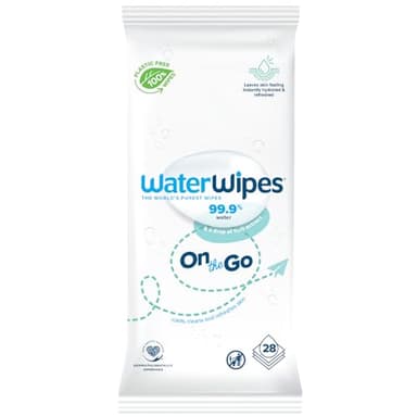 WaterWipes Lingettes en déplacement sans plastique, 99,9% d'eau, non parfumées, douces pour la peau, 28 lingettes humides