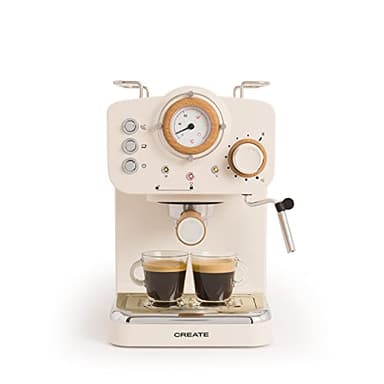CREATE / THERA RETRO/Cafetière express semi-automatique blanc mat et bois/ 20 bar, bras à double écoulement, réservoir 1,25L, café moulu et monodose ESE 55mm, avec steamer, 1100W