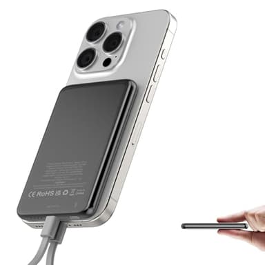 Batterie Externe Magnétique sans Fil 5000mAh Ultra-Mince for Mag-Safe sans Fil Charge, avec USB C 20W Filaire Charge Rapide Câble Détachable, Power Bank pour iPhone 16 15/14 13 12 Mini/Plus/Pro/Max