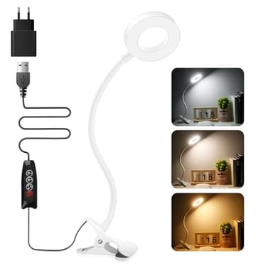 Akynite Lampe de Bureau Blanche avec Pince et Adaptateur, 48 LED Make Up Lampe, 3 Couleur et 10 Intensite, LED Lampe USB Flexible, Clip Lampe de Lecture au Lit Enfant, Lampe Pince pour PC