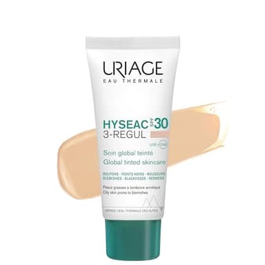 Uriage Hyseac Soin Teinté Global SPF30 avec des AHA et de l'acide salicylique - Matifie et unifie le teint - Haute protection UVA/UVB - Pour peaux grasses à tendance acnéique - Haute tolérance - 40 ml