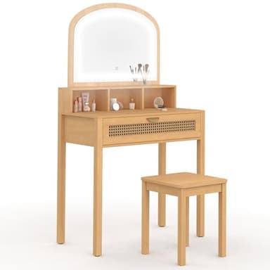 IDMarket - Coiffeuse EDHEN avec Miroir LED, 1 tiroir, 3 niches et Tabouret Effet cannage Naturel et Bois