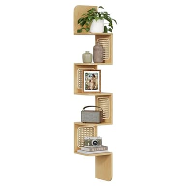 VASAGLE Étagère d’Angle, Étagère Murale Flottante à 5 Niveaux, en Zigzag, Côtés en Rotin PVC, Gain de Place, pour Cuisine, Chambre, Salon, Style Boho, Couleur Chêne Beige LLS582Y57