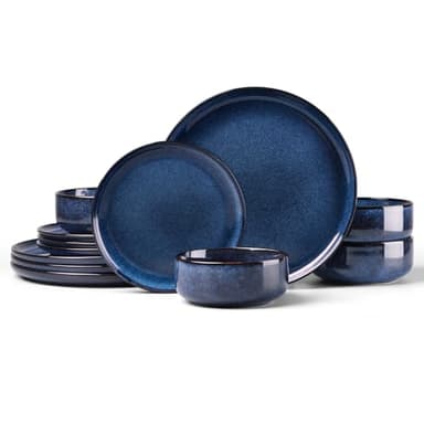 HaWare Service de table 12 pièces en grès émaillé réactif, assiettes et bols, résistant aux éclats et aux rayures, micro-ondes et lave-vaisselle, bleu nébuleuses