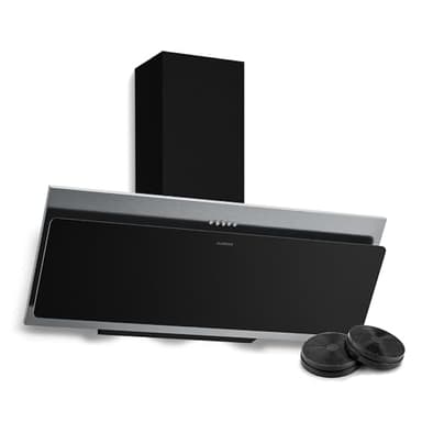 Klarstein Alessia Hotte Aspirante 90 cm - Hotte Décorative Inclinée, 404 m³/h, A+++, LED, 3 Vitesses & Boost, Filtre Charbon, Inox & Verre Noir, Recyclage ou Évacuation, Silencieuse