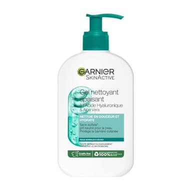GARNIER Skin Active - Gel Nettoyant Apaisant - pH Neutre - Élimine Maquillage & Impuretés - Hydrate & Repulpe - Enrichi En Aloe Vera, Glycérine & Acide Hyaluronique - Vegan & Cruelty Free - 250 ml