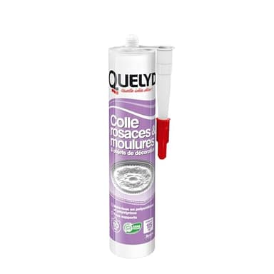 Quelyd Colle Rosaces, Moulures et Objets de Décoration - Pour Polyuréthane et Polystyrène - Tous Supports - Prise Rapide 10 Secondes - Blanc - 1 Cartouche 310 ml