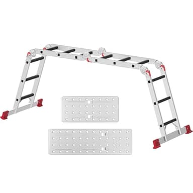 AMHANCIBLE Echelle, Échelle Polyvalente,Échelle Pliante Multifonction 340 cm en Aluminium,Escabeau,Jusqu'à 150 kg,12 Marches, échelle avec 2 Panneaux d'échafaudage, Stable et Portable Rouge EBAL01RD