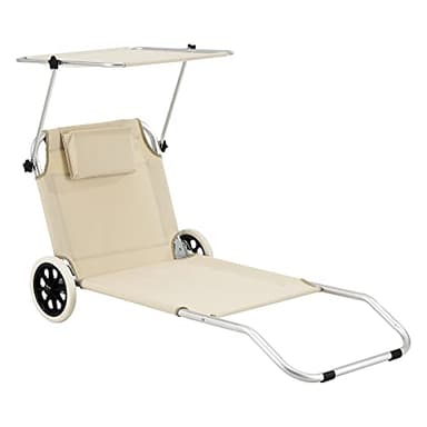 Transat avec Pare-Soleil Chaise Longue Inclinable Réglable en 4 Positions Bain de Soleil Design avec Roues Anti-Retours Capacité de Charge 110 kg Aluminium Polyester Argenté Mat Beige