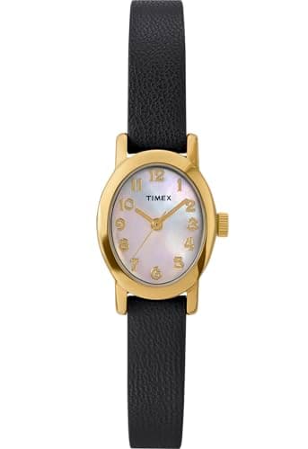 Timex - TW2W82600 - Main Street Montre pour Femme 18 mm avec Bracelet en Cuir Noir, Cadran Nacré, Boîtier Doré