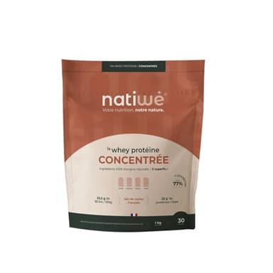 NATIWÉ - Whey Protéine Concentrée - Goût Chocolat - Prise De Masse - Meilleure Densité Osseuse, Récupération & Performance - BCAA - Lait De Vache Français - 22g De Protéines Par Dose - Sachet De 1kg