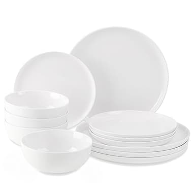 WishDeco Service de Table 12 Pièces, Service Vaisselle Porcelaine pour 4 Personnes, Tableware Blanche avec Assiettes Plates, Assiettes à Dessert, Bols Dejeuner