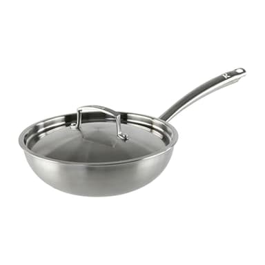 KAMBERG - Wok Ø28 cm en Acier Inoxydable 18/10 Triply - Sans PFAS - Couvercle inclus - Tous feux dont induction et four - 0008281, Gris