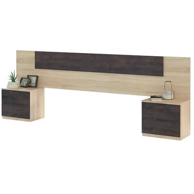 Habitdesign Modèle Alaya Tête de lit avec 2 tables et 4 tiroirs 247 x 95 x 38 cm (l x h x p) Couleur chêne canadien et rouille