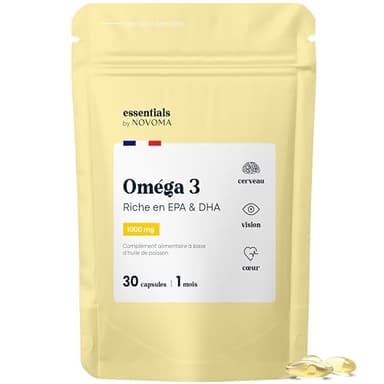 Omega 3 Huile de Poisson 1000mg, Pure et Concentrée, Oméga 3 EPA DHA, Santé du Coeur & Vision, Cure de 1 mois, Fabriqué en France, Essentials by Novoma