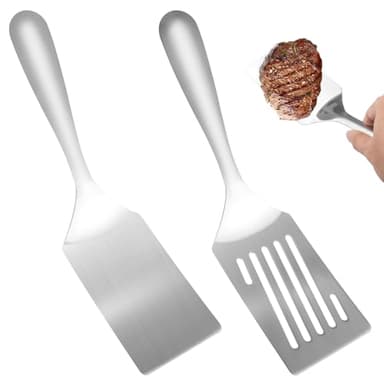 2 Pièces Spatule Plancha Inox, Spatule Cuisine Inox, spatule Barbecue, Résistantes et Ergonomiques, Passent au Lave-Vaisselle, Spatules Plancha pour la Cuisine, le Barbecue, la Crêpe et la Pizza