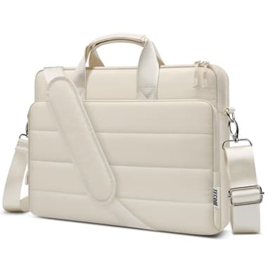 TECOOL 14 Pouces Sacoche Ordinateur, Puffy Housse Protection Pochette PC Portable Sac Bandoulière pour 13-14 Pouces Acer, Asus, Lenovo, HP, Dell Notebook et MacBook Air 13 15 / Pro 13 14 - Beige