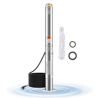 VEVOR Pompe immergée pour puits profond, 750 W, 230 V, pompe à eau en acier inox, débit 100 L/min, hauteur de 75 m, avec cordon de 20 m, indice d'étanchéité IP68, pour maison, irrigation industrielle