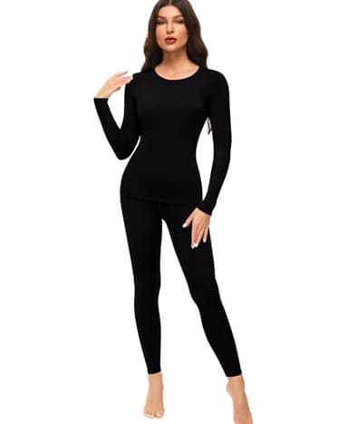 sous Vetement Thermique Femme Haut Manches Longues Pantalon Chaud & Léger Col Rond Ensemble Ski Hiver en Polaire Leggings (Noir,XL)