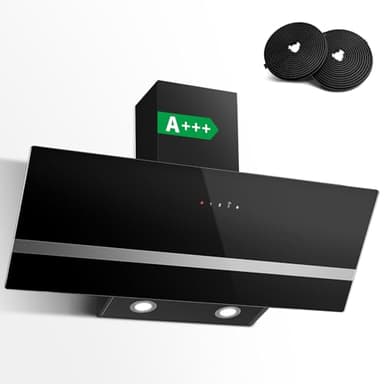SNDOAS A+++ Hotte Aspirante Inclinée 90cm, Hotte de Cuisine 400 m³/h, Evacuation ou Recyclage, 3 Vitesses + Boost Hotte et Filtre à Charbon Actif, Hotte Murale 90cm Noir
